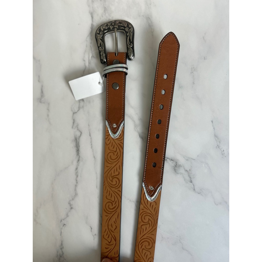 Girls Large Western‎ Tooled Floral Belt Brown Tan Silver Buckle Rhinestone